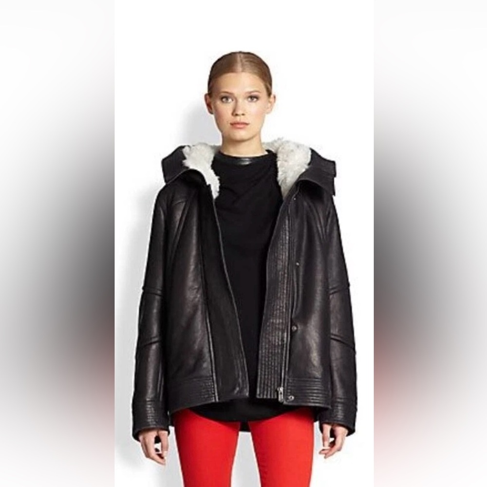 Helmet Lang Lamb Shearling Leather Hooded Aviator Bomber Jacket Coat. Size S